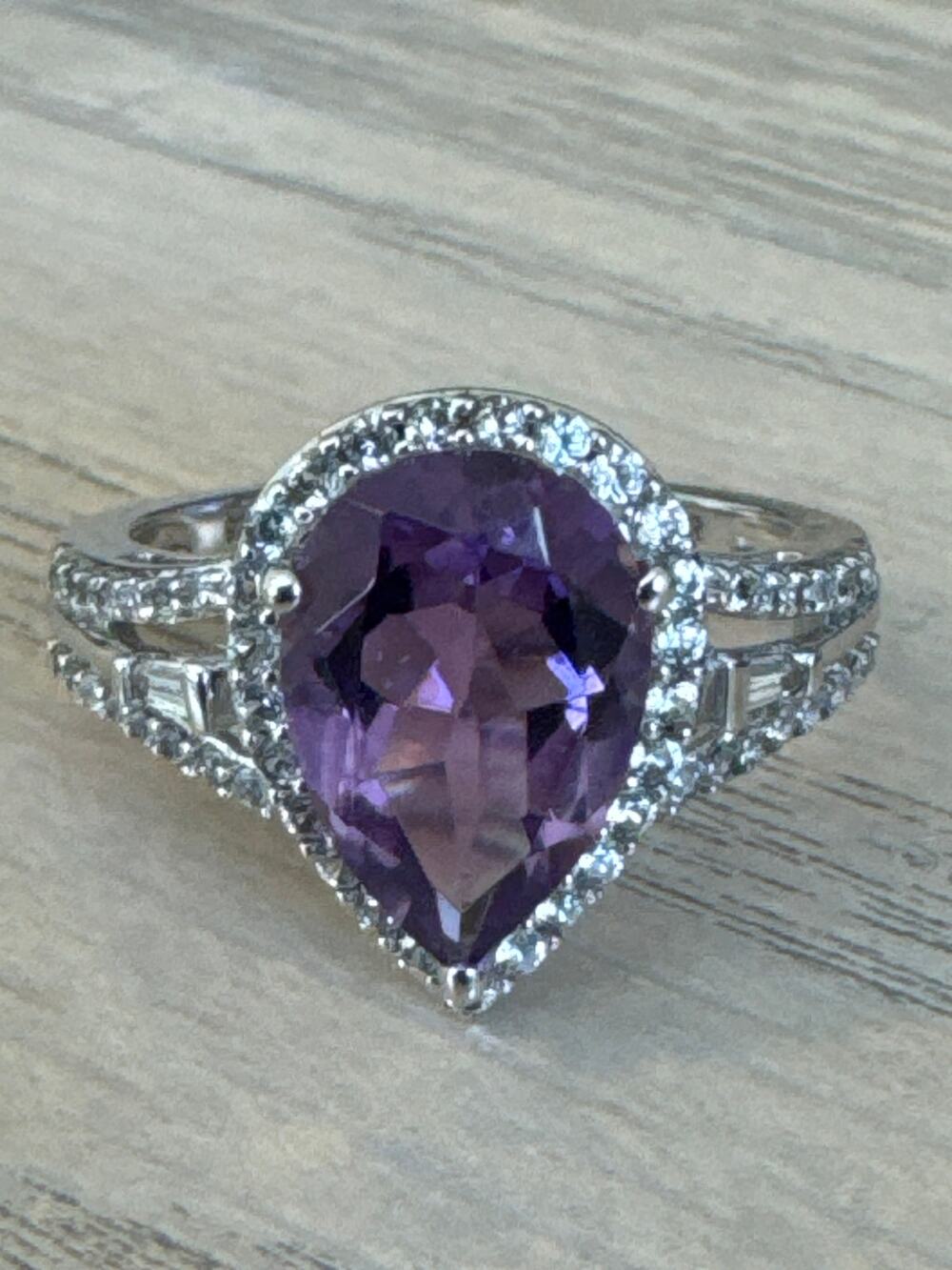 Amethyst In Sterling Silver Set Pear Shape Ring 7 & Heart Shaped 7 1/2” Bracelet